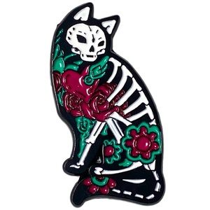 Pin 1.5” Skeleton Cat Floral Heart Enamel Brooch Halloween